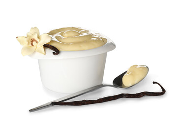 Ramekin of delicious vanilla pudding on white background