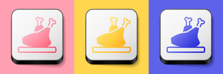 Isometric Roasted turkey or chicken icon isolated on pink, yellow and blue background. Square button. Vector