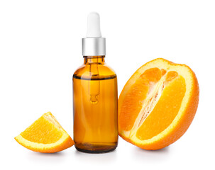Bottle of citrus serum and fresh orange on white background