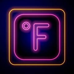 Glowing neon Fahrenheit icon isolated on black background. Vector