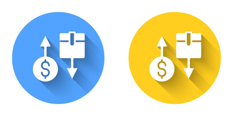 Fototapeta premium White Tax carton cardboard box icon isolated with long shadow background. Box, package, parcel sign. Delivery and packaging. Circle button. Vector