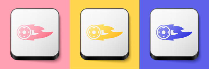 Isometric Wheel in fire flame icon isolated on pink, yellow and blue background. Burning wheel. Square button. Vector
