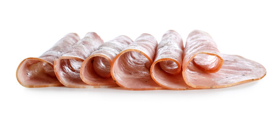 Rolled slices of tasty ham on white background