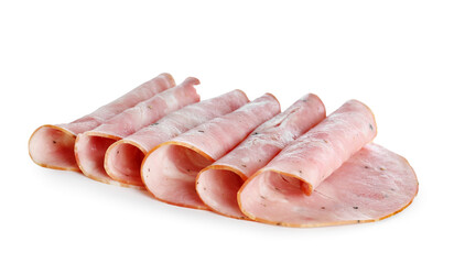 Rolled slices of tasty ham on white background