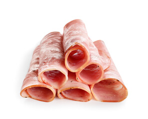Rolled slices of delicious ham on white background