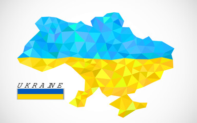 Ukraine map in geometric polygonal style on white background, national flag