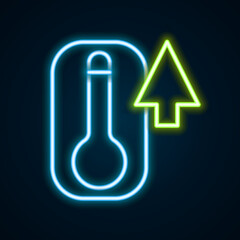 Glowing neon line Meteorology thermometer measuring heat and cold icon isolated on black background. Thermometer equipment showing hot or cold weather. Colorful outline concept. Vector