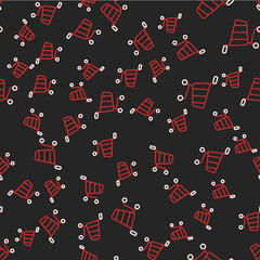 Line Shopping cart icon isolated seamless pattern on black background. Online buying concept. Delivery service sign. Supermarket basket symbol. Vector