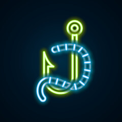 Glowing neon line Fishing hook and worm icon isolated on black background. Fishing tackle. Colorful outline concept. Vector