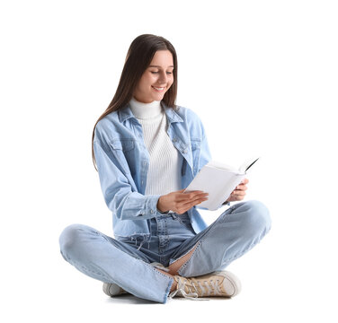 Beautiful Woman In Denim Jacket Reading Book On White Background