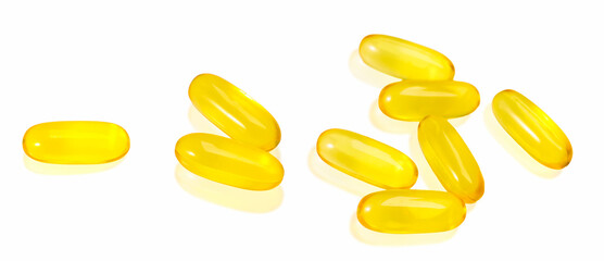 Close up high resolution product of omega3 fish oils capsule shoot separate 1, 2 and pile of many capsule isolated clipping path on white background. Health care concept.