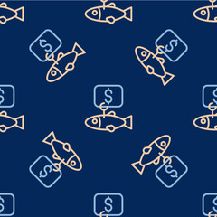 Line Price tag for fish icon isolated seamless pattern on blue background. Vector