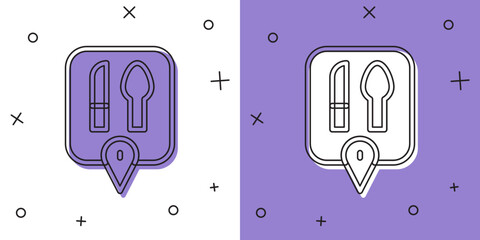 Set Cafe and restaurant location icon isolated on white and purple background. Knife and spoon eatery sign inside pinpoint. Vector.