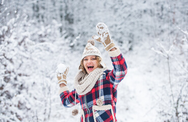 Fototapeta na wymiar You are next. girl relax in snowy forest. female casual style. my favorite season. happy weather. full of energy. winter holiday and vacation. best place to feel freedom. woman enjoy winter landscape