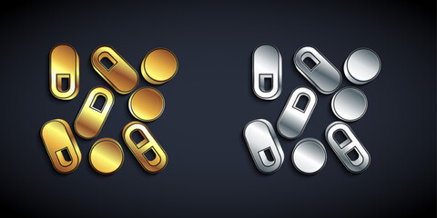 Gold and silver Medical pill bottle biohacking icon isolated on black background. Pharmacy biohacking. Long shadow style. Vector