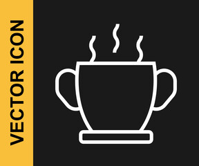 White line Bowl of hot soup icon isolated on black background. Vector