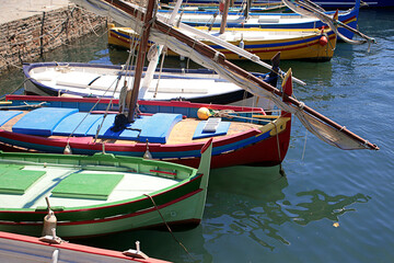 Fototapeta na wymiar Traditional lateen-rigged fishing craft in harbour at Collioure, Pyrenees-Orientales, Occitanie, France
