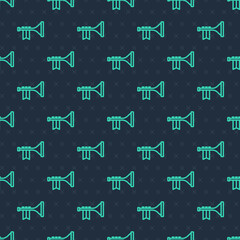 Green line Trumpet icon isolated seamless pattern on blue background. Musical instrument. Vector
