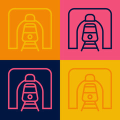 Pop art line Train in railway tunnel icon isolated on color background. Railroad tunnel. Vector