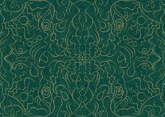 Hand-drawn unique abstract symmetrical seamless gold ornament and splatters of golden glitter on a dark cold green background. Paper texture. Digital artwork, A4. (pattern: p07-1a)
