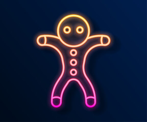 Glowing neon line Holiday gingerbread man cookie icon isolated on black background. Cookie in shape of man with icing. Vector