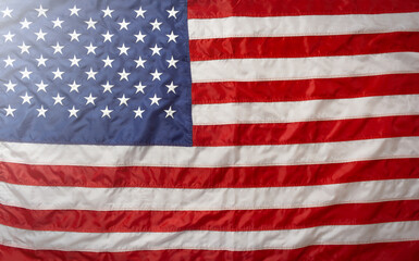 Obraz premium Flat lay USA flag, vintage background with copy space top view. Banner, minimalism, loft style. American