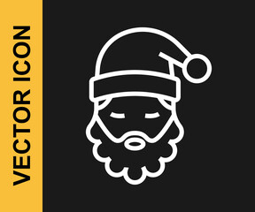 White line Santa Claus hat and beard icon isolated on black background. Merry Christmas and Happy New Year. Vector