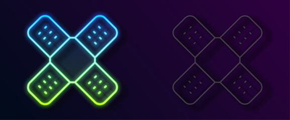 Glowing neon line Crossed bandage plaster icon isolated on black background. Medical plaster, adhesive bandage, flexible fabric bandage. Vector