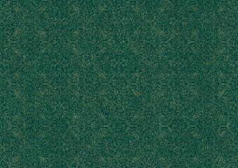 Hand-drawn unique abstract symmetrical seamless gold ornament and splatters of golden glitter on a dark cold green background. Paper texture. Digital artwork, A4. (pattern: p07-1c)