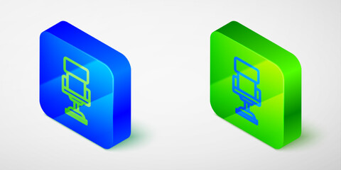 Isometric line Office chair icon isolated on grey background. Blue and green square button. Vector