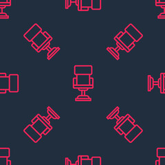 Red line Office chair icon isolated seamless pattern on black background. Vector