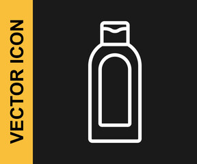 White line Bottle of shampoo icon isolated on black background. Vector