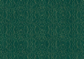 Hand-drawn unique abstract symmetrical seamless gold ornament and splatters of golden glitter on a dark cold green background. Paper texture. Digital artwork, A4. (pattern: p08-1c)