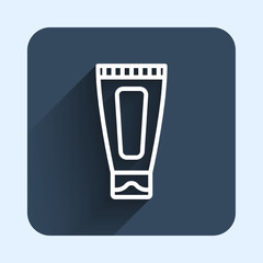 White line Cream or lotion cosmetic tube icon isolated with long shadow background. Body care products for woman. Blue square button. Vector