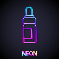 Fototapeta premium Glowing neon line Essential oil bottle icon isolated on black background. Organic aromatherapy essence. Skin care serum glass drop package. Vector