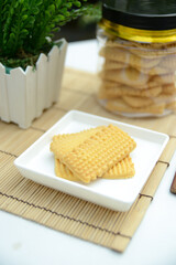 homemade eid snacks, Indonesian traditional cookies isolated on white background, served for Idul Fitri or The Great Islamic Day, front view