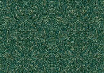 Hand-drawn unique abstract symmetrical seamless gold ornament and splatters of golden glitter on a dark cold green background. Paper texture. Digital artwork, A4. (pattern: p08-2b)