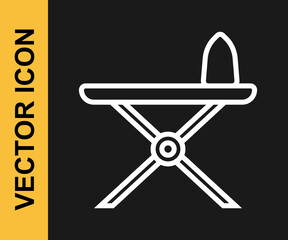 White line Electric iron and ironing board icon isolated on black background. Steam iron. Vector