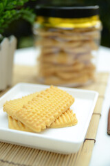 homemade eid snacks, Indonesian traditional cookies isolated on white background, served for Idul Fitri or The Great Islamic Day, front view