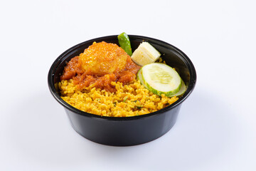 Bengali dish khichdi or khichuri made from a combination of lentils and rice along with Indian spices. in a mud bowl isolated on white background Bengali dish khichdi or khichuri made from a combinati