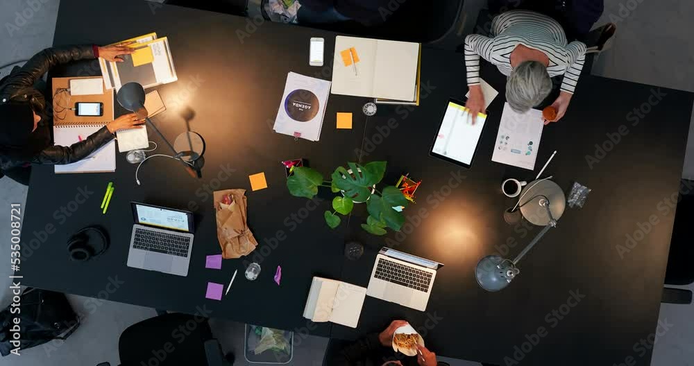Poster Night business time lapse, office team planning and working late with speed, commitment and collaboration in startup agency. Above of fast designer workforce, creative teamwork and evening strategy