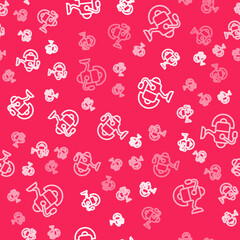 White line Spinning reel for fishing icon isolated seamless pattern on red background. Fishing coil. Fishing tackle. Vector