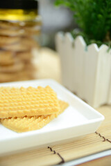 homemade eid snacks, Indonesian traditional cookies isolated on white background, served for Idul Fitri or The Great Islamic Day, front view