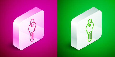 Isometric line Key icon isolated on pink and green background. Silver square button. Vector