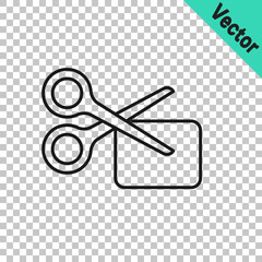 Black line Scissors cuts discount coupon icon isolated on transparent background. The concept of selling in an online supermarket at low prices or half the cost. Vector