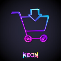 Glowing neon line Add to Shopping cart icon isolated on black background. Online buying concept. Delivery service sign. Supermarket basket symbol. Vector