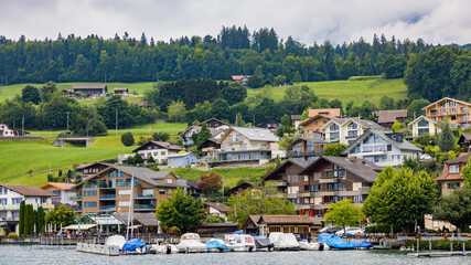 Fototapeta na wymiar Spiez to Interlaken trip, lake Thun, Switzerland
