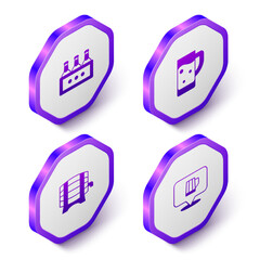 Set Isometric Pack of beer bottles, Glass, Wooden barrel on rack and mug icon. Purple hexagon button. Vector