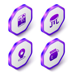 Set Isometric Coffee machine, table, Location with coffee cup and pot icon. Purple hexagon button. Vector