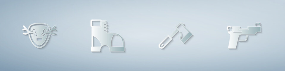 Set Deer antlers on shield, Hunter boots, Wooden axe and Pistol or gun. Paper art style. Vector